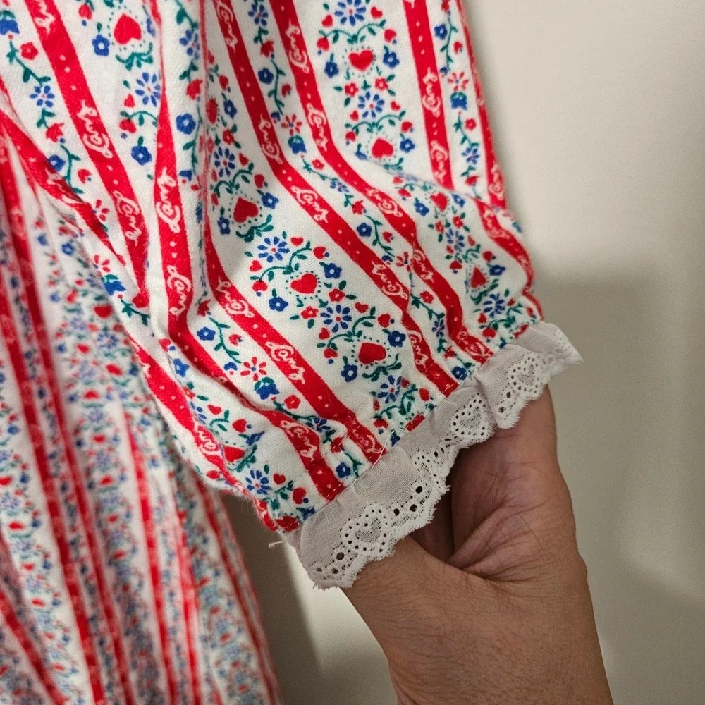 Lanz of Salzburg Nightgown M Red Floral Heart Stripe Lace Maxi Cotton Cottage
